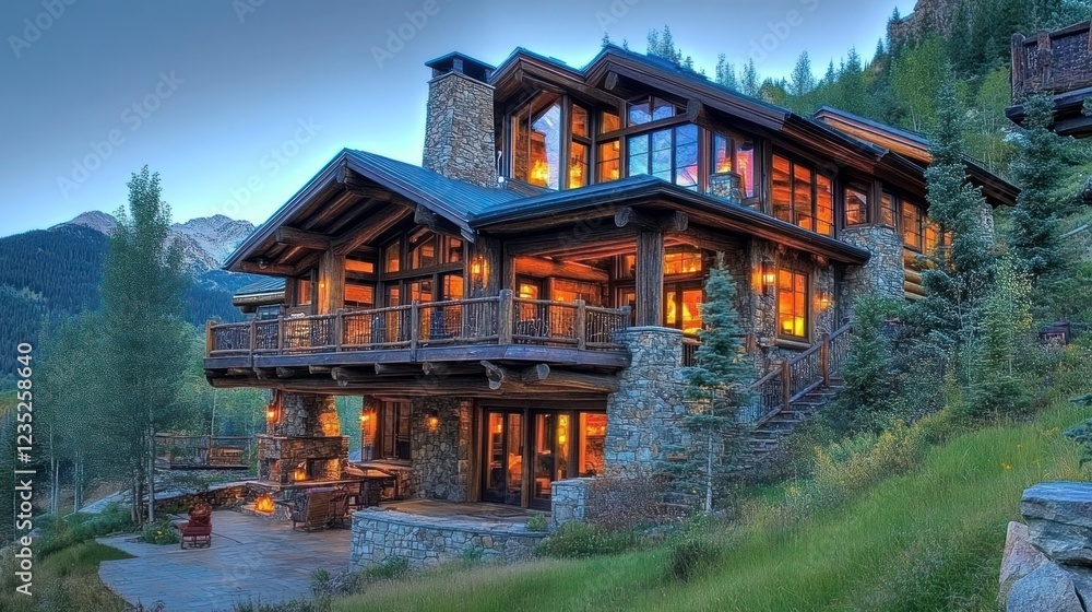 Fototapeta premium Luxurious Mountain Log Home Evening Illumination