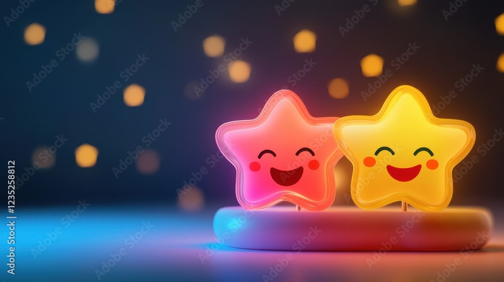Fototapeta premium Glowing satisfaction scale with stars and happy faces, indicating high customer satisfaction, 3D illustration