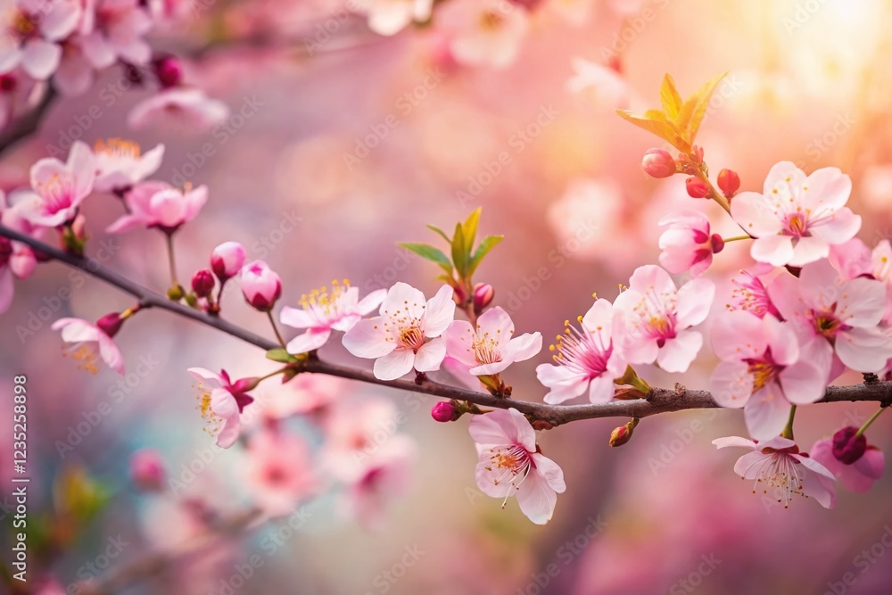 Blooming Plum Tree Branch, Spring Blossom, Pink Flowers, Nature Background, Copy Space Left Blooming Plum Tree Branch, Spring Blossom, Pink Flowers, Nature Background, Copy Space Left