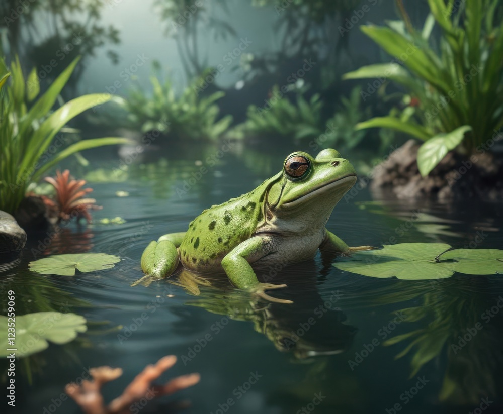 Frog swimming in the water with fish and plants in the background, nature, fish Frog swimming in the water with fish and plants in the background, nature, fish