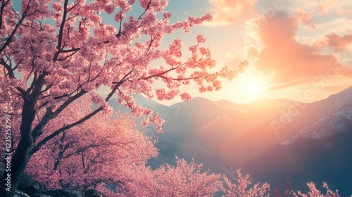 Pink Cherry Blossoms Bloom Majestically Against Mountain Sunset