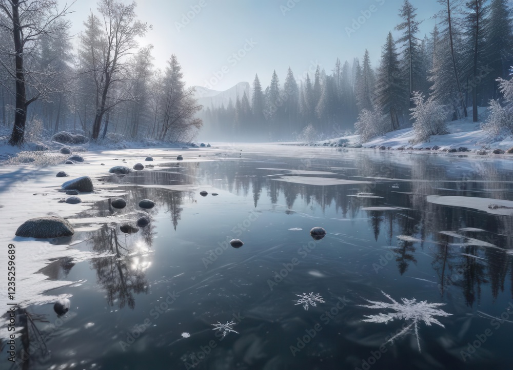 Frosty snowflakes gently fall on a frozen lake , frost, snow Frosty snowflakes gently fall on a frozen lake , frost, snow