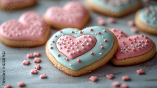 Pastel candy cookies with romantic messages for a Valentine's Day theme.