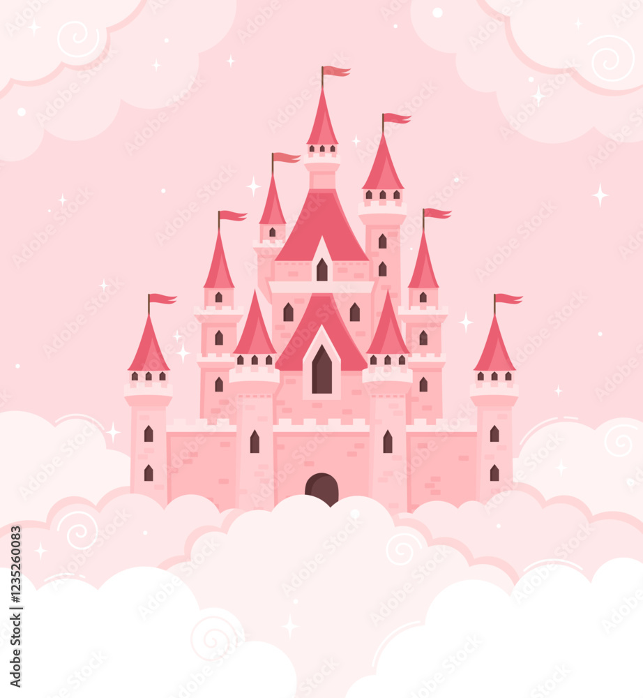 Fototapeta premium Magic princess castle in the clouds. Flat vector illustration.