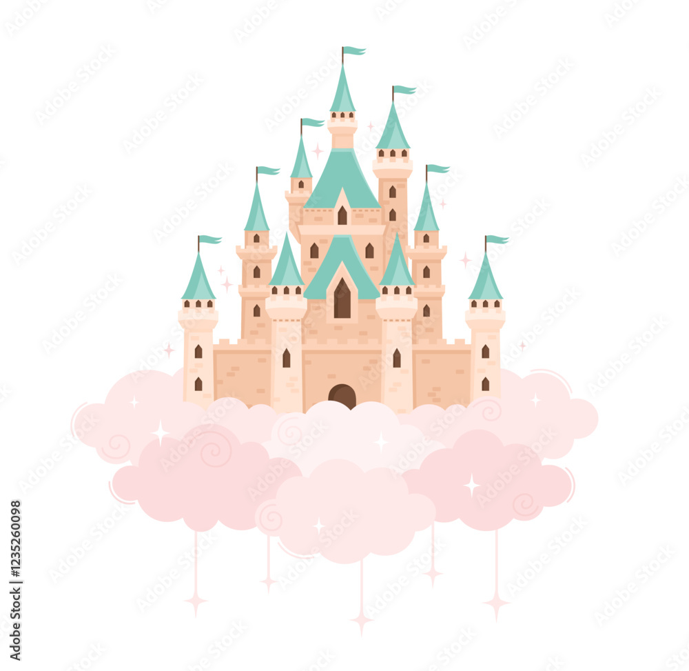 Fototapeta premium Magic castle in the clouds. Flat vector illustration.