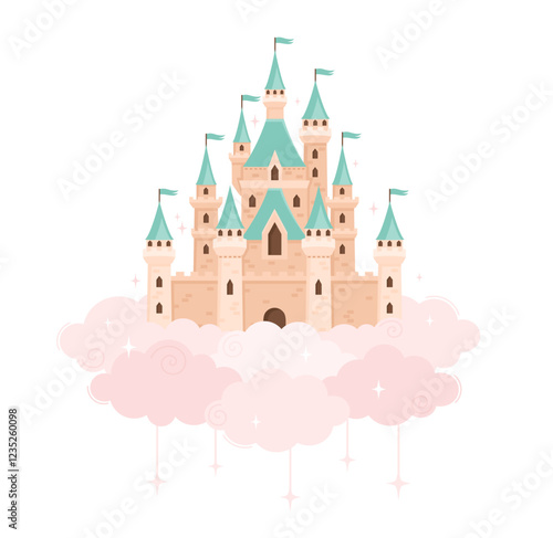 Magic castle in the clouds. Flat vector illustration.