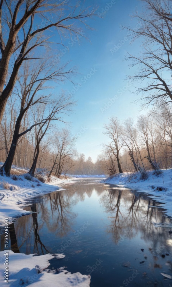 Frozen pond under clear blue sky with bare trees surrounding it, frozen water, icy surface Frozen pond under clear blue sky with bare trees surrounding it, frozen water, icy surface