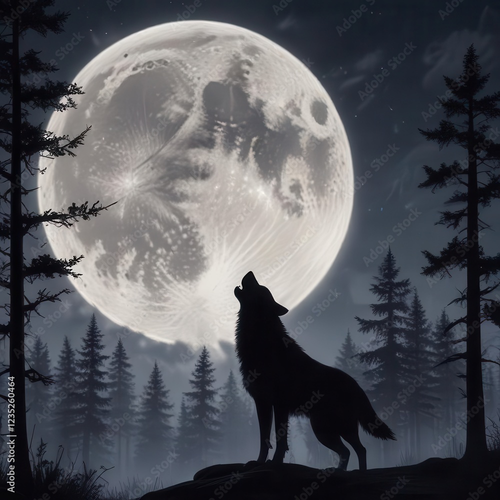 Naklejka premium Full moon night forest landscape with a howling wolf silhouette against a bright moonlit sky, forest, howling wolf