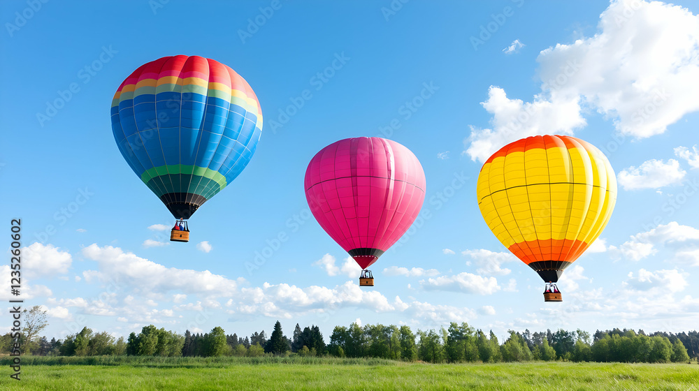 Fototapeta premium Three colorful hot air balloons fly over a green field under a bright blue sky.