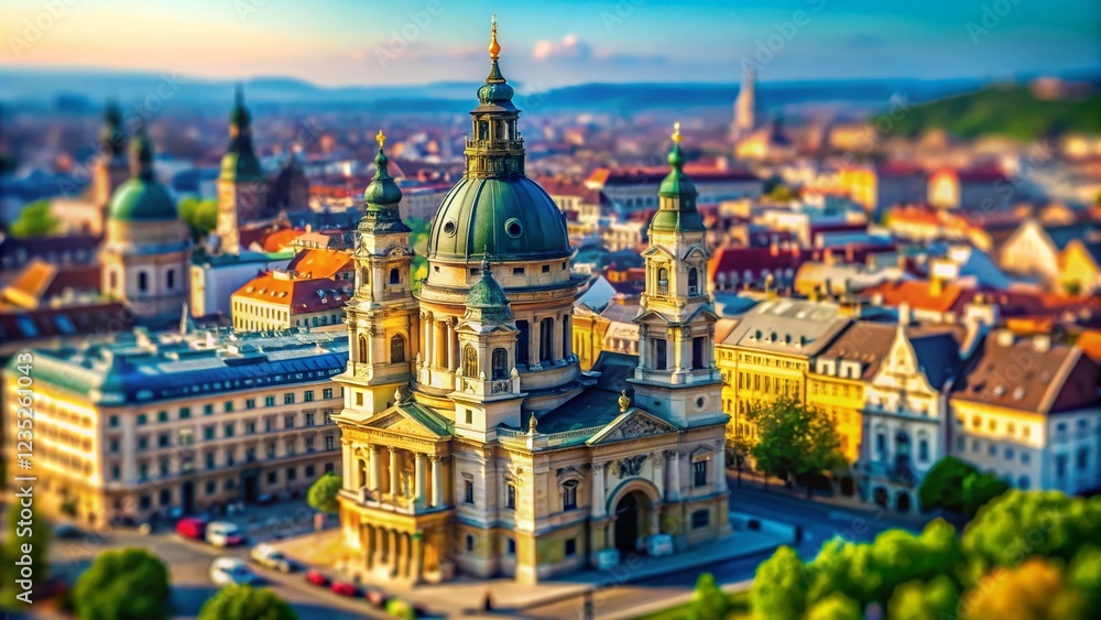 Obraz premium Budapest St. Stephen's Basilica Facade and Dome - Tilt-Shift Miniature Cityscape
