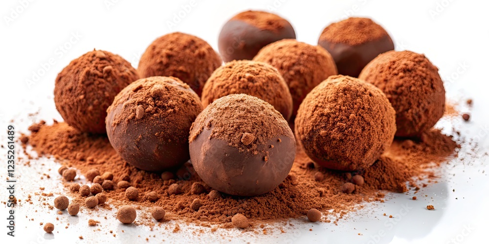 Chocolate Truffles High Depth of Field, Cocoa Powder, White Background, Food Photography Chocolate Truffles High Depth of Field, Cocoa Powder, White Background, Food Photography