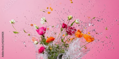 A stunning and vibrant flower splash cascades beautifully against a bright pink background