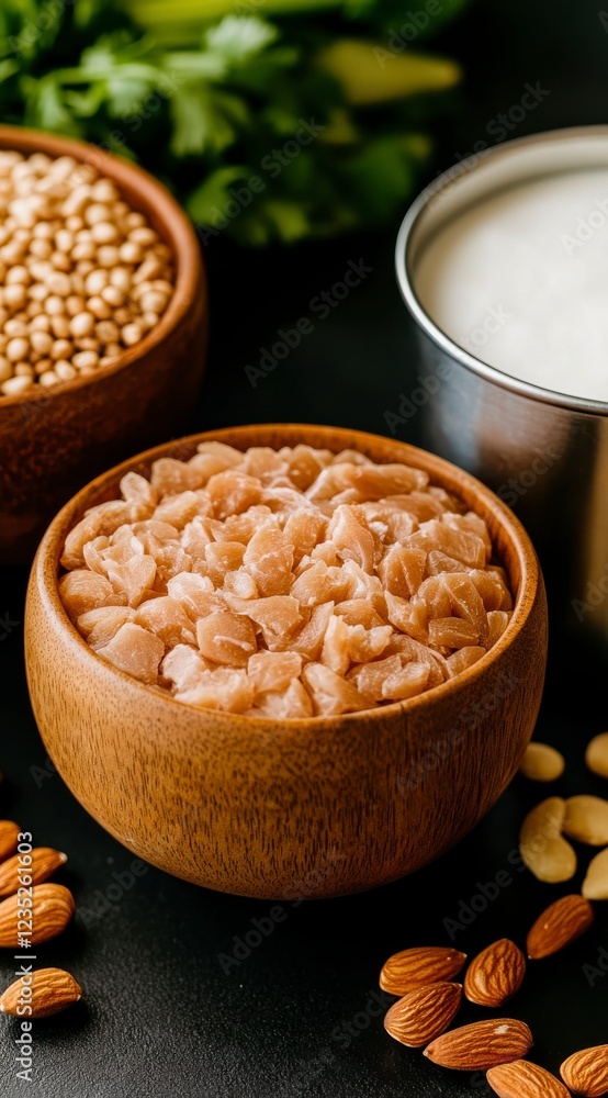 Diced Chicken Breast with Almonds and Chickpeas in Wooden Bowls Diced Chicken Breast with Almonds and Chickpeas in Wooden Bowls