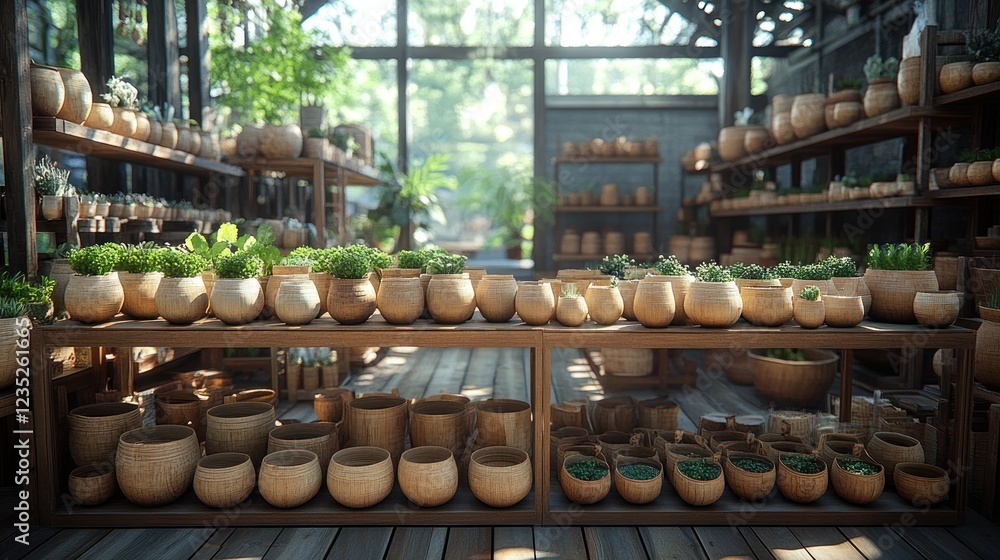 Wooden plant shop interior, sunlight, lush greenery Wooden plant shop interior, sunlight, lush greenery