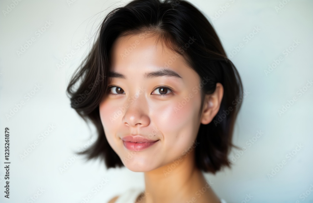 Close-up studio portrait of cheerful Asian woman. Smooth skin, happy expression, looking directly at camera. Background plain white. Image exudes feeling of beauty, care, youth. Natural beauty makeup Close-up studio portrait of cheerful Asian woman. Smooth skin, happy expression, looking directly at camera. Background plain white. Image exudes feeling of beauty, care, youth. Natural beauty makeup