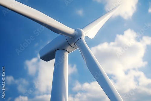 Close-up of white wind turbine blades against blue sky. High contrast and sharp detail