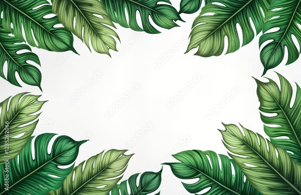 Tropical green leaves form decorative border on white background. Design suitable for cards invitations posters wallpaper. Fresh vibrant greens create tropical summer theme. Botanical illustration Tropical green leaves form decorative border on white background. Design suitable for cards invitations posters wallpaper. Fresh vibrant greens create tropical summer theme. Botanical illustration