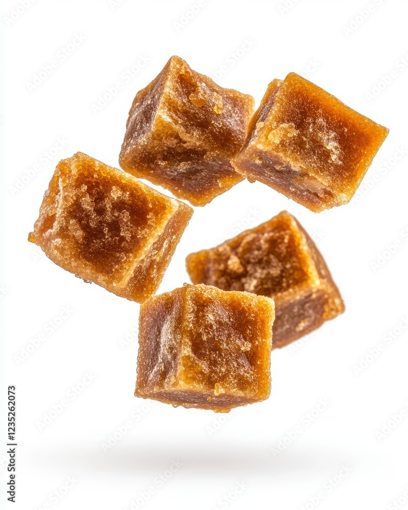Five Brown Sugar Cubes Levitating Against White Background Five Brown Sugar Cubes Levitating Against White Background