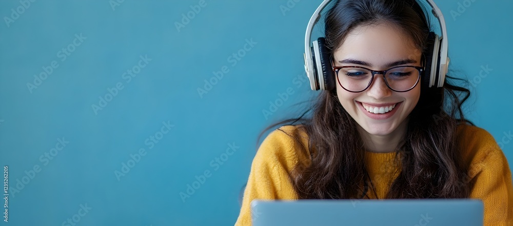 Smiling young woman with glasses and headphones engaged in distance learning on laptop. Smiling young woman with glasses and headphones engaged in distance learning on laptop.