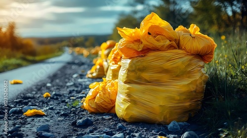 A pile of plastic bags is on the side of the road photo