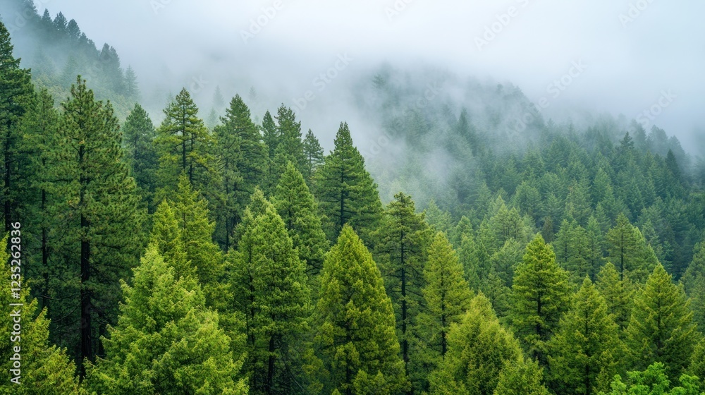 Lush Green Coniferous Forest Enveloped in Mist Lush Green Coniferous Forest Enveloped in Mist