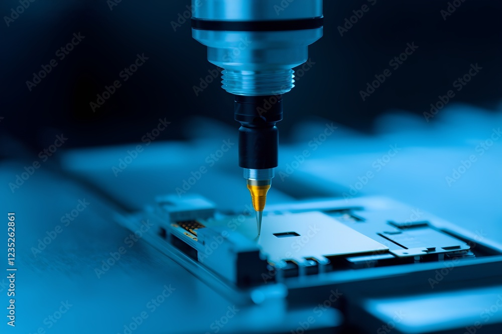 Advanced laser machinery focuses on a circuit board, highlighting the intricate details of electronics fabrication while showcasing precision in manufacturing. Advanced laser machinery focuses on a circuit board, highlighting the intricate details of electronics fabrication while showcasing precision in manufacturing.