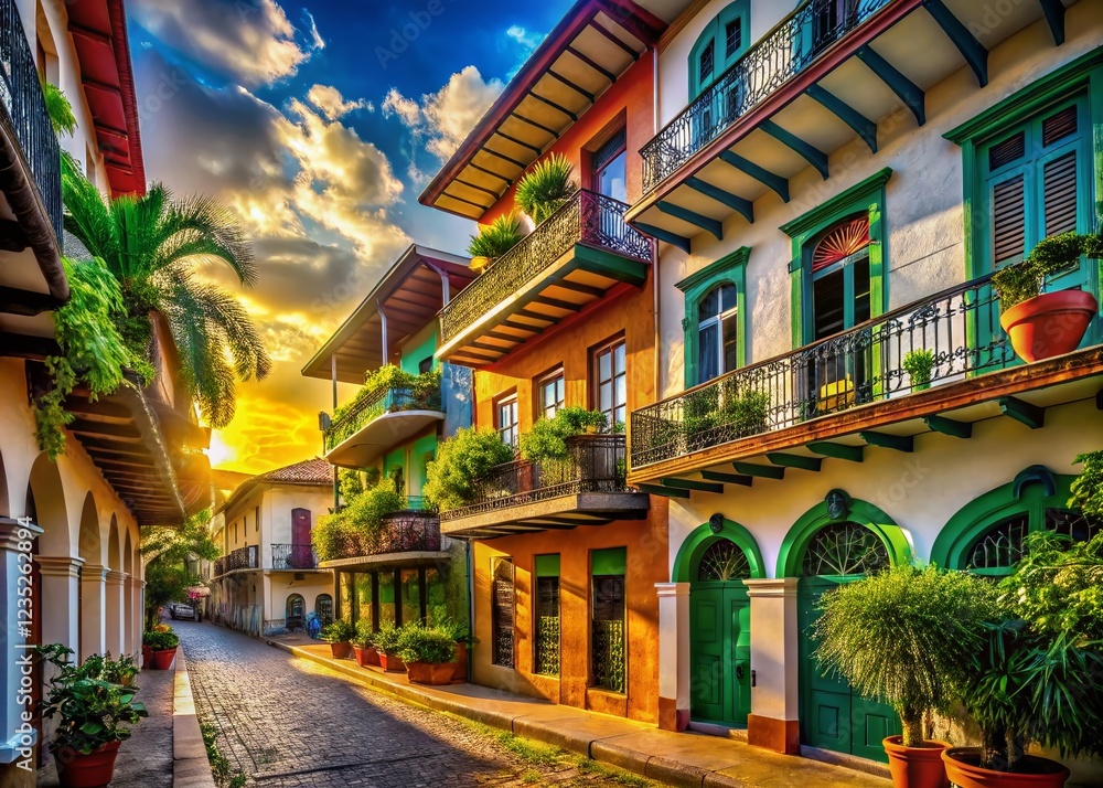 Fototapeta premium Casco Viejo Panama City: Sun-Drenched Colonial Architecture in Panama's Historic District