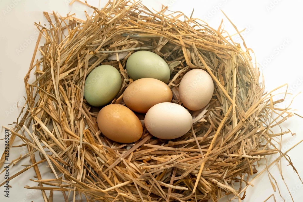 Straw nest with free-range chicken eggs Straw nest with free-range chicken eggs