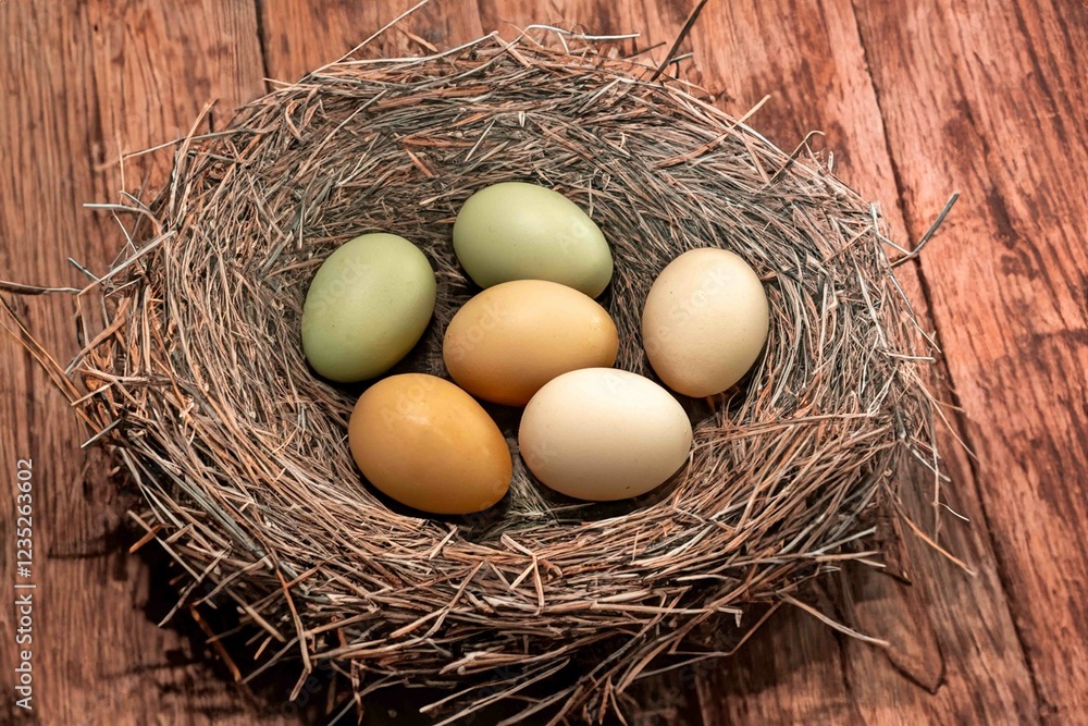 Straw nest with free-range chicken eggs Straw nest with free-range chicken eggs