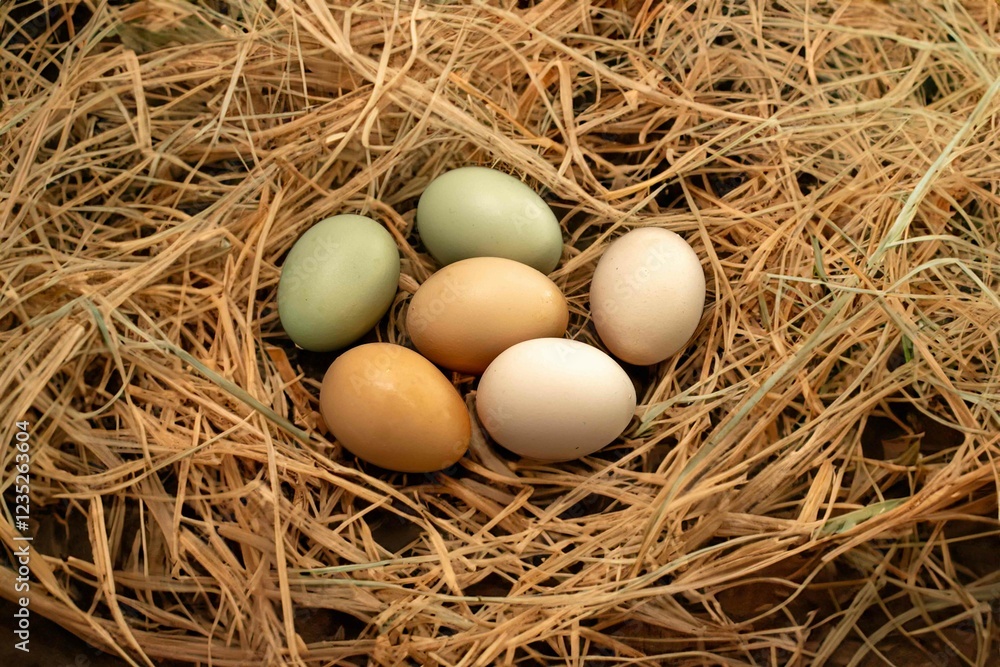 Straw nest with free-range chicken eggs Straw nest with free-range chicken eggs