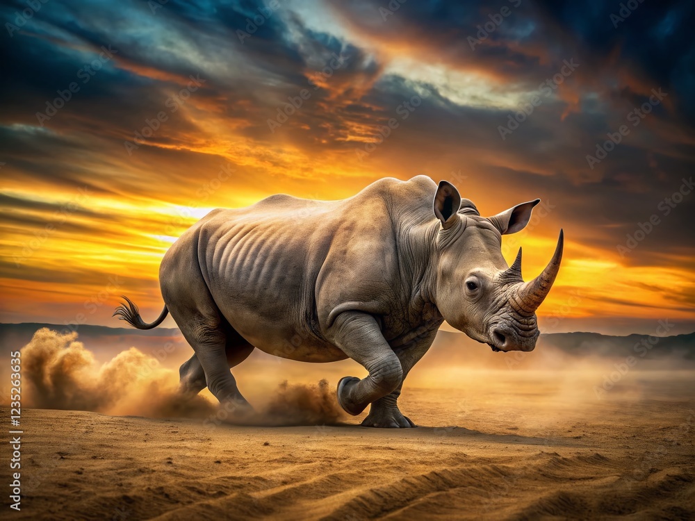 Fototapeta premium Charging Rhino at Sunset: Long Exposure Savannah Wildlife Photo