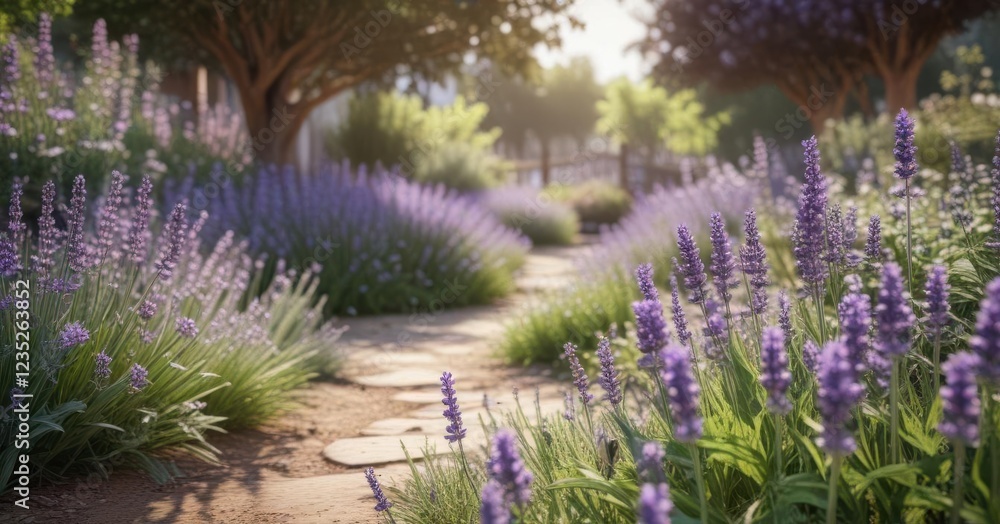 Obraz premium Gentle lavender blooms in a whimsical garden setting, fantasy, serenity