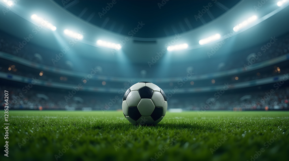 Fototapeta premium Dramatic Soccer Ball on Stadium Field Night Game Cinematic Lighting Professional Sports Photography