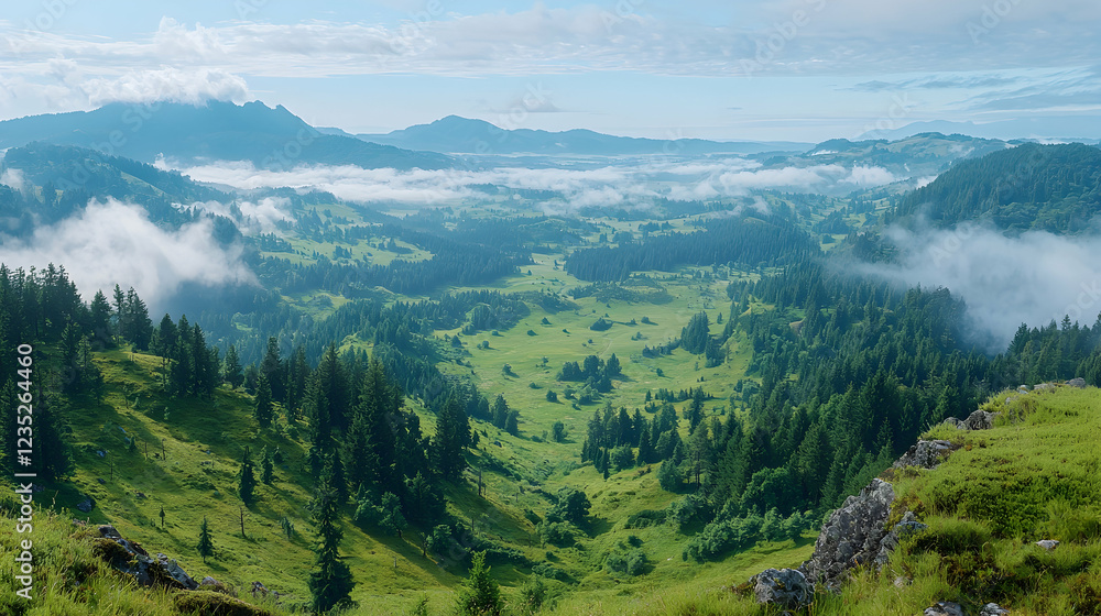 Fototapeta premium Mountain valley sunrise, mist, green hills