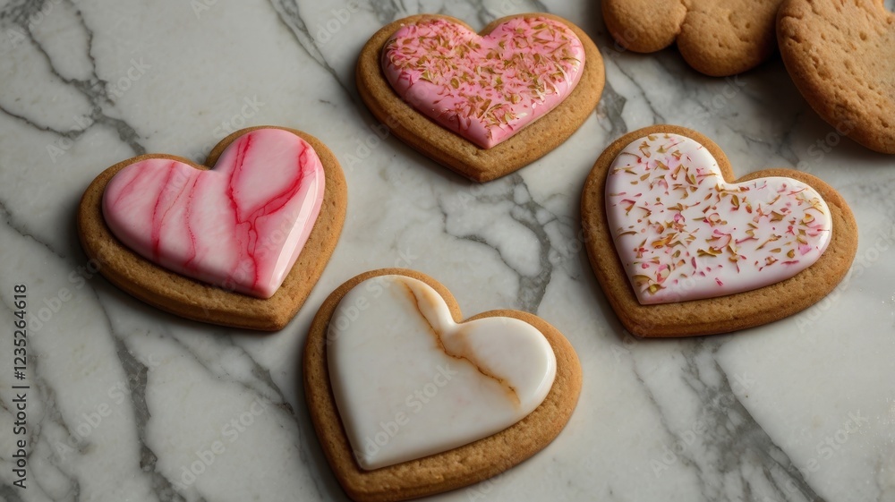 Obraz premium Elegant Heart-Shaped Cookies on Sleek Marble Board with Icing and Sugar Sprinkles