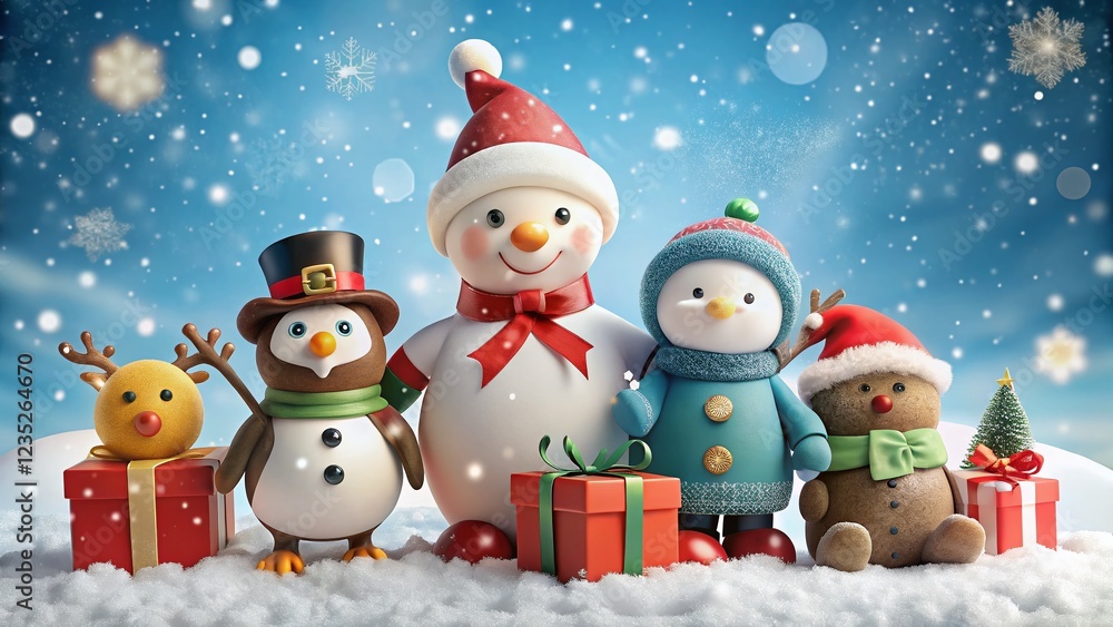 Fototapeta premium Christmas Cartoon Characters on Snowflake with Gifts and Decorations Against Snowy Background