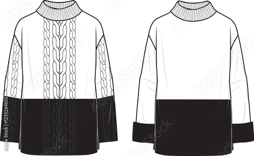 Women's Color Block High Neck Jumper. Technical fashion illustration. Front, white and black color. Women's CAD mock-up.