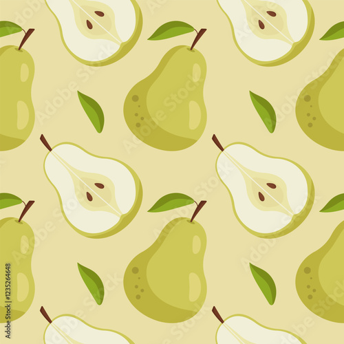 Seamless pear pattern with green leaves. Tropical fruit background. Vector illustration