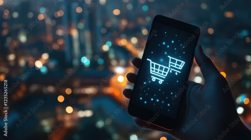 Obraz premium Person holding a smartphone with shopping cart icons against a city background at night.