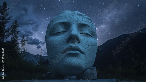 Stone Face Gazes at Night Sky Under Stars