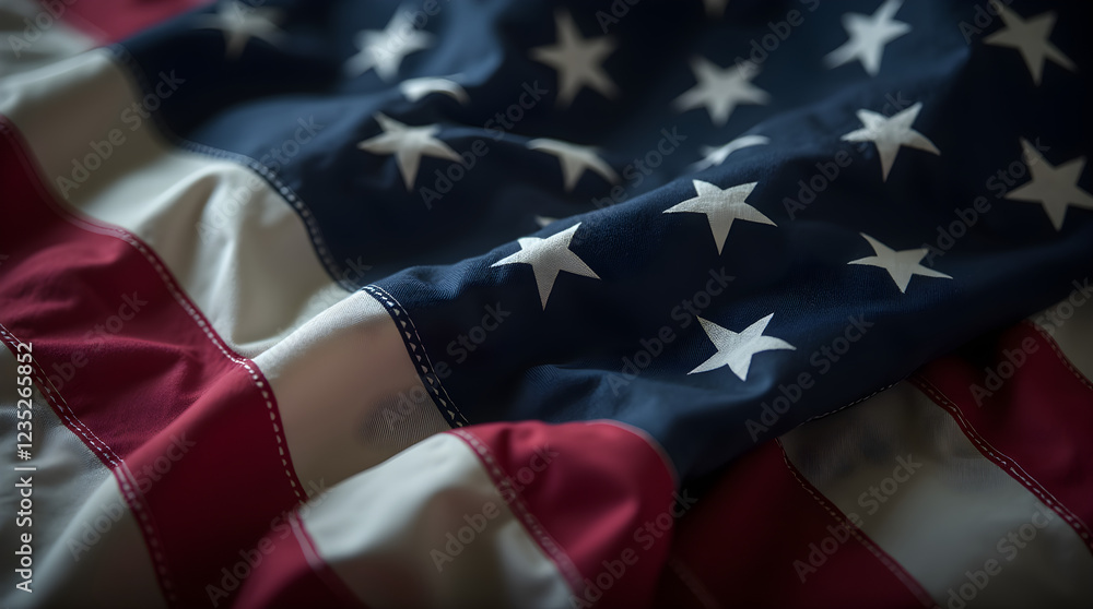 Fototapeta premium Close Up of Draped American Flag Red White Blue Stars Stripes Patriotism USA National Symbol Fabric Texture