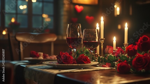 Valentine’s Day Dinner Table with Red Roses, Candlelight, and Clinking Wine Glasses photo