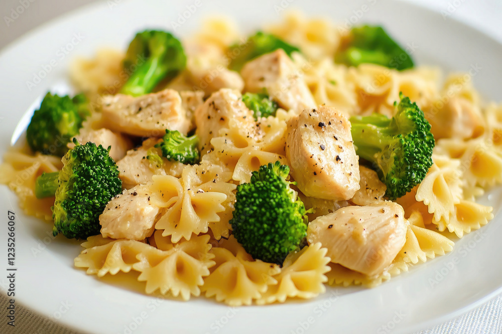 Farfalle Pasta with Chicken and Broccoli on a Plate Farfalle Pasta with Chicken and Broccoli on a Plate