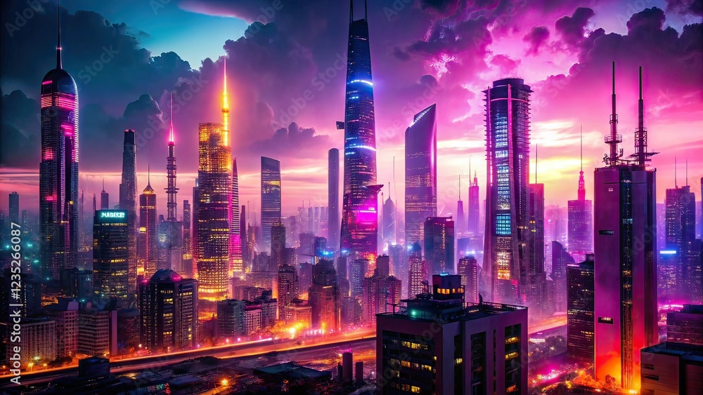 Obraz premium Cyberpunk Cityscape Neon Lights Futuristic Skyline