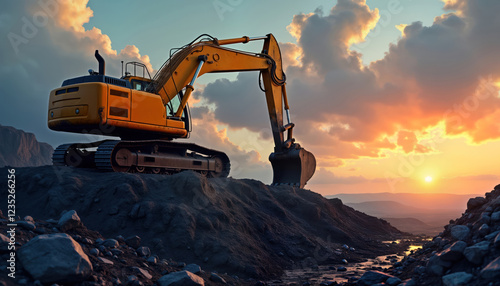 Wallpaper Mural Large yellow excavator works on rugged terrain. Heavy machinery digs earth at sunset. Construction site with powerful equipment. Industrial scene at worksite. Landscape background at golden hour. Torontodigital.ca