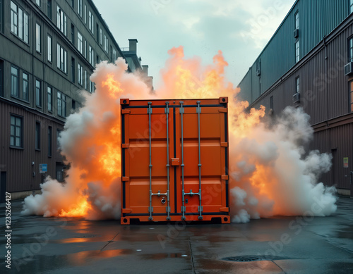 Orange cargo container explodes in urban alleyway amidst smoke, flames. Industrial setting. Urban environment. Large amount of thick smoke, fire. Dramatic incident. Possible accident destruction. photo