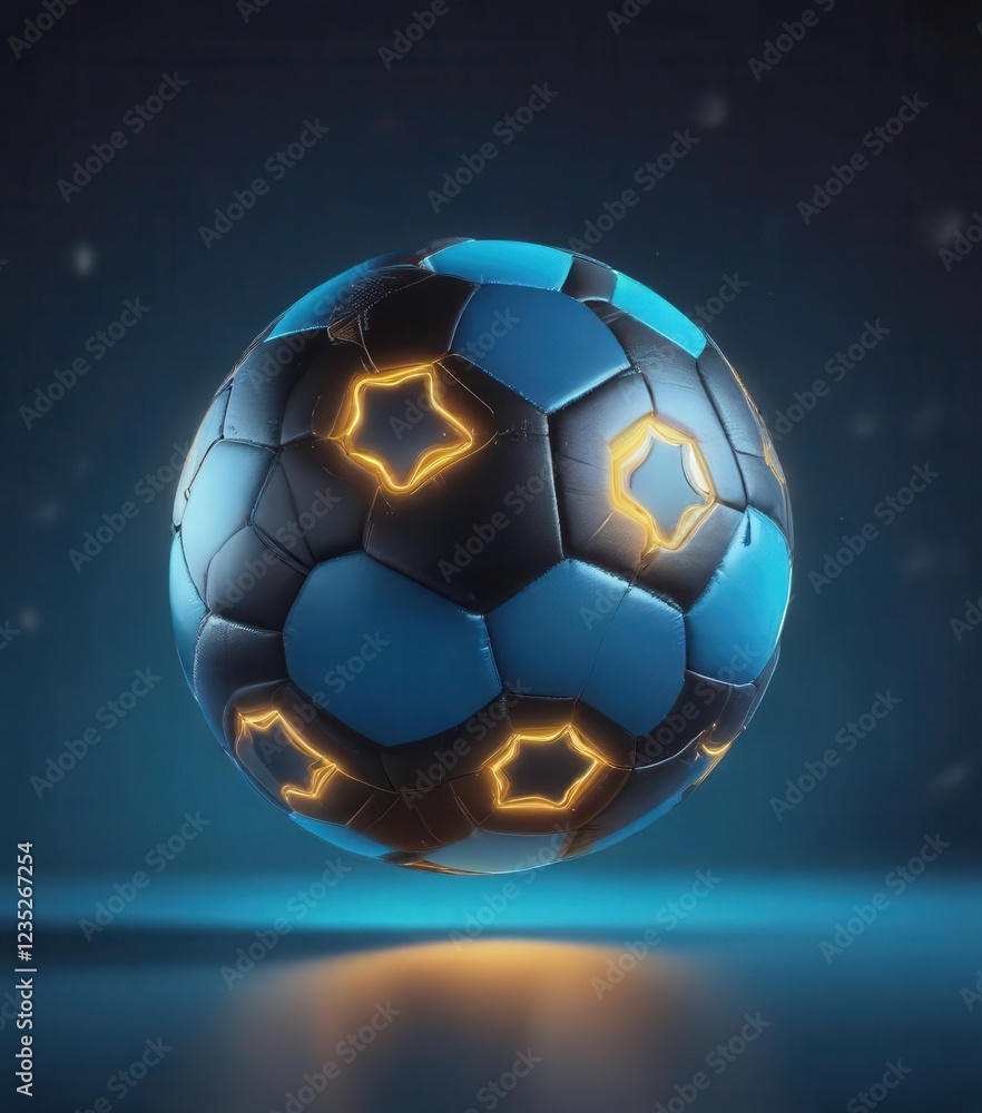 Naklejka premium Glowing neon soccer ball suspended in mid-air over blue background with subtle gradient effects, abstract, glow