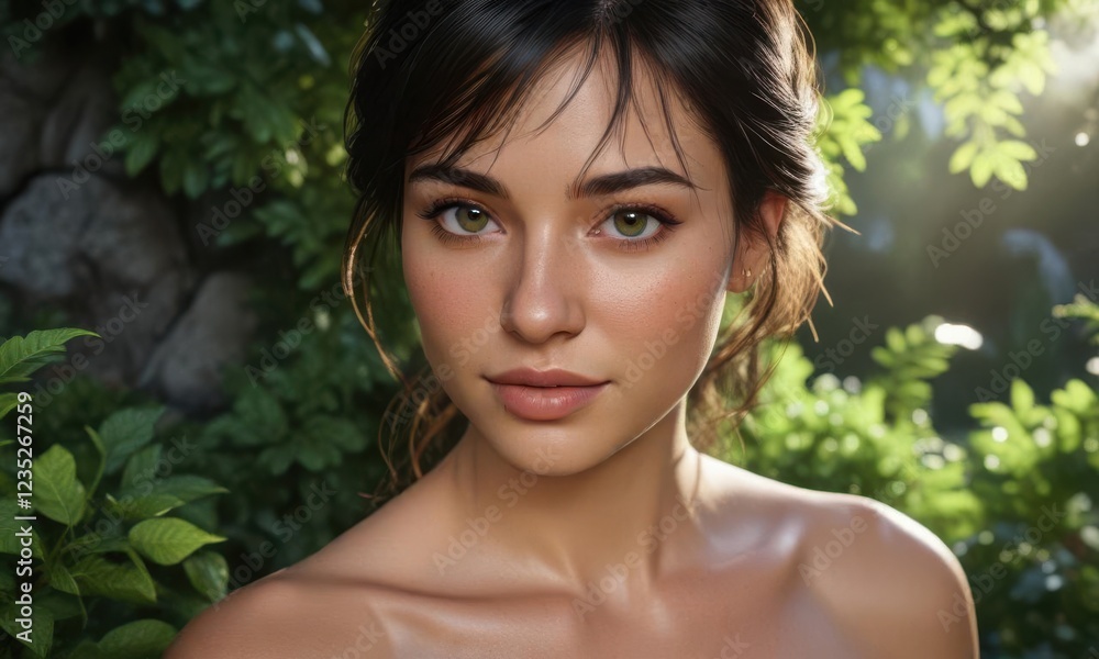 Glowing skin with natural glow and greenery around, scenery, plants Glowing skin with natural glow and greenery around, scenery, plants