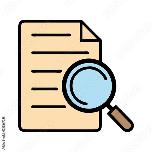 Searching document icon with blue and beige colors representing analysis and investigation in a detailed design