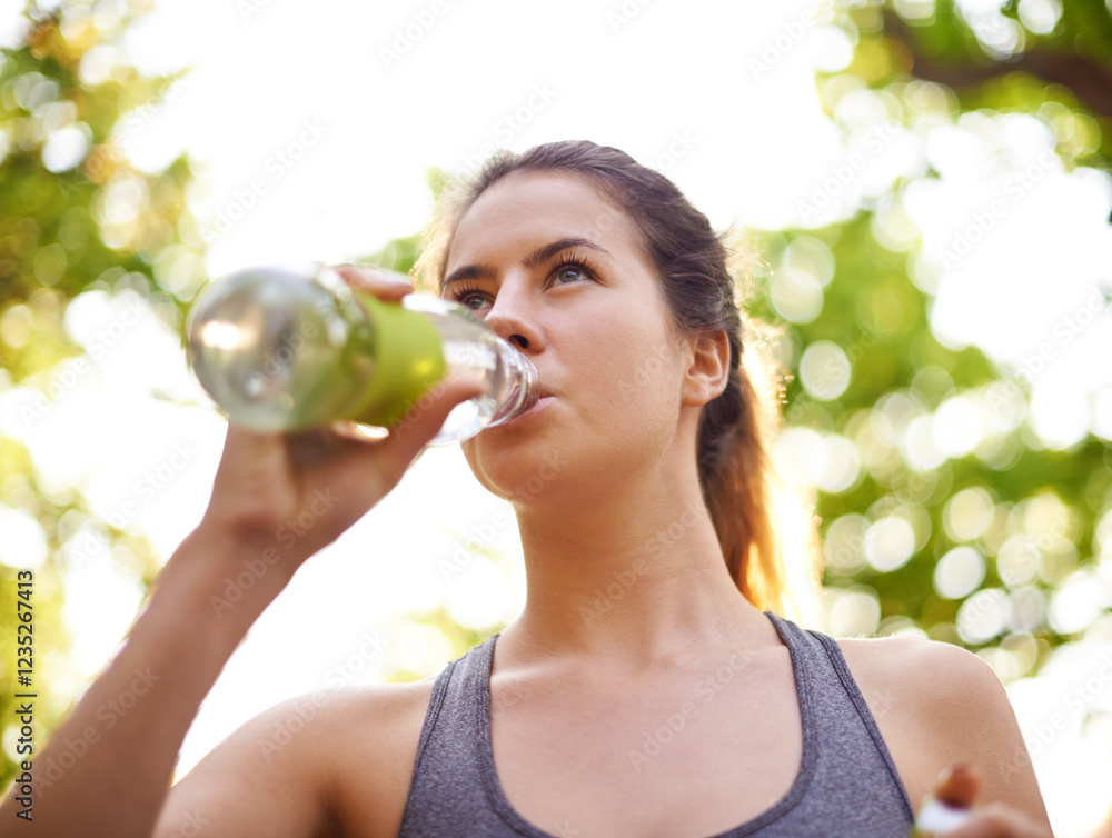Athlete, fitness and woman drinking water in nature for marathon training, exercise break and refresh from cardio. Runner, resting and mineral beverage outdoor for hydration, thirst and liquid diet Athlete, fitness and woman drinking water in nature for marathon training, exercise break and refresh from cardio. Runner, resting and mineral beverage outdoor for hydration, thirst and liquid diet